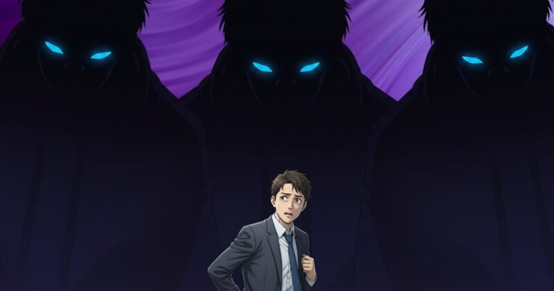 20代男性サラリーマンが巨大な人のシルエットを背景に怯えている画像