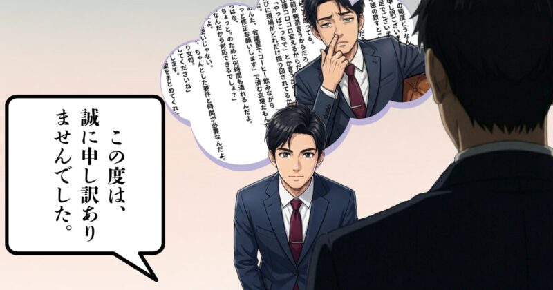 理不尽に謝罪をしている真面目そうなイケメンサラリーマンが内心では相手を罵倒している様子がわかる画像