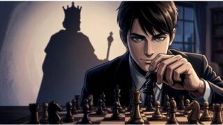 薄暗い部屋でチェスをしている男性サラリーマン。彼の背後にはキングの影が伸びている。影の支配者を連想させるイラスト画像