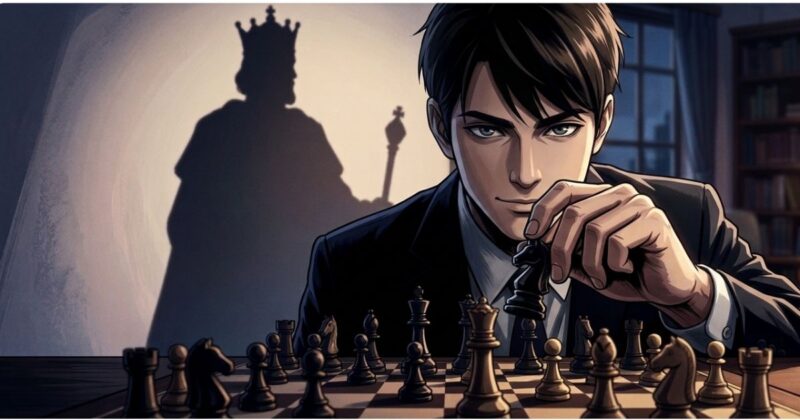 薄暗い部屋でチェスをしている男性サラリーマン。彼の背後にはキングの影が伸びている。影の支配者を連想させるイラスト画像