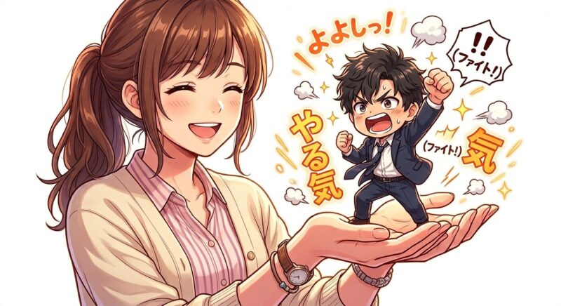 女性の手のひらの上でデフォルメ化された男性サラリーマンがやる気を出している画像